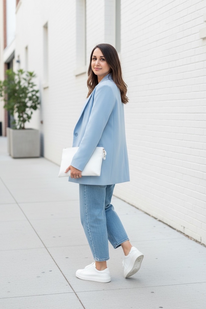 Ami Saeednia in a pale blue blazer beside a white brick wall