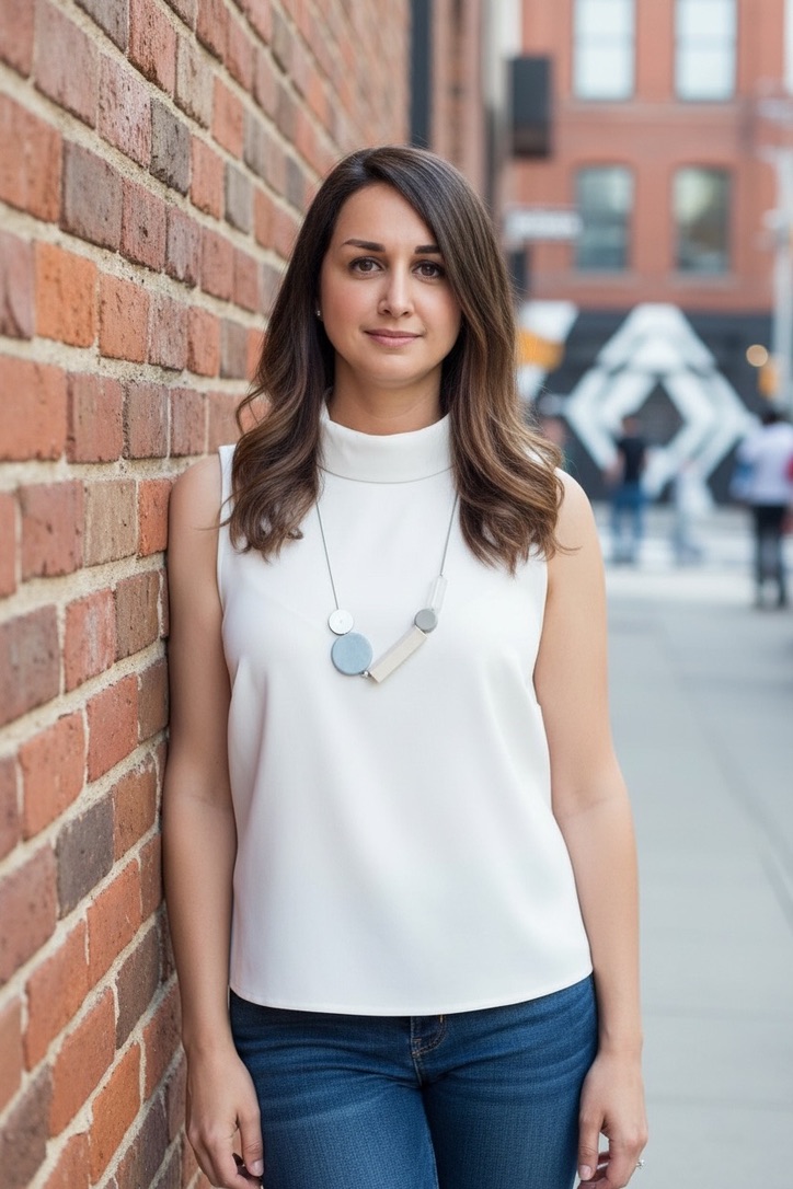 Ami Saeednia in a white top beside a brick wall
