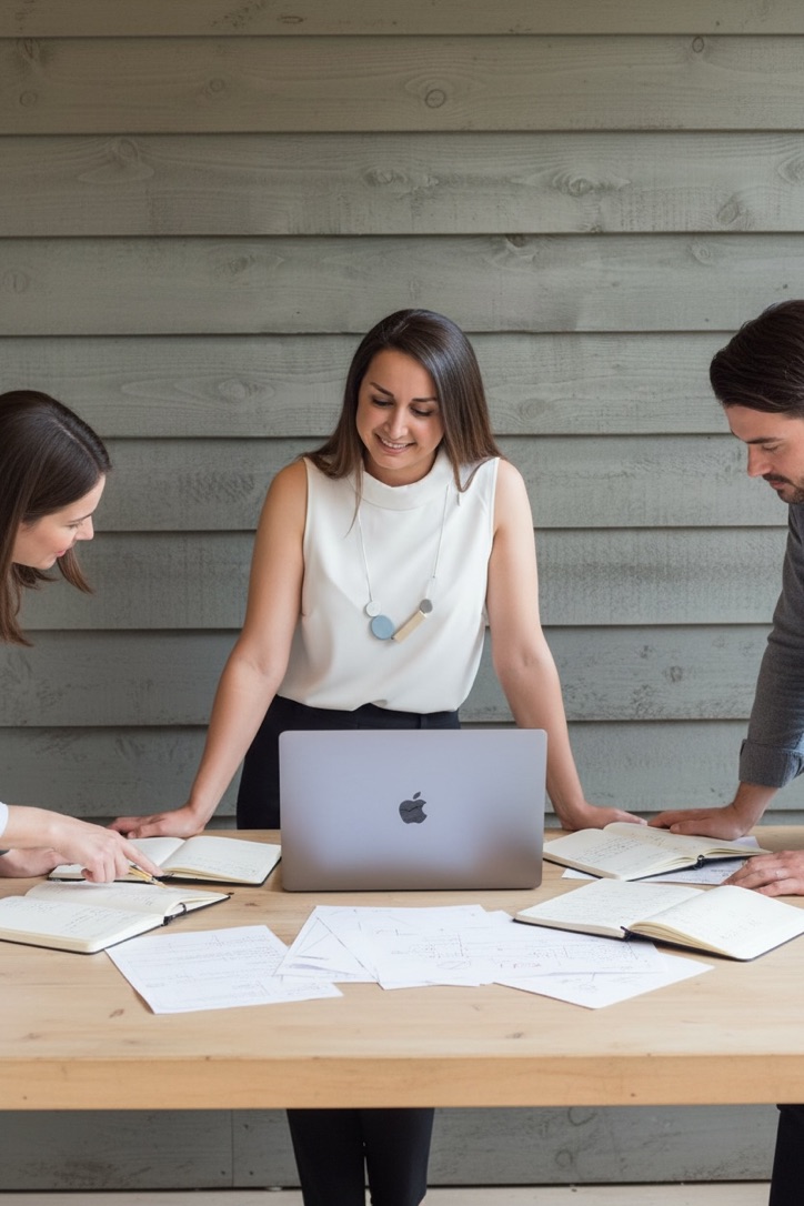 Ami Saeednia reviewing notes with two people around a laptop